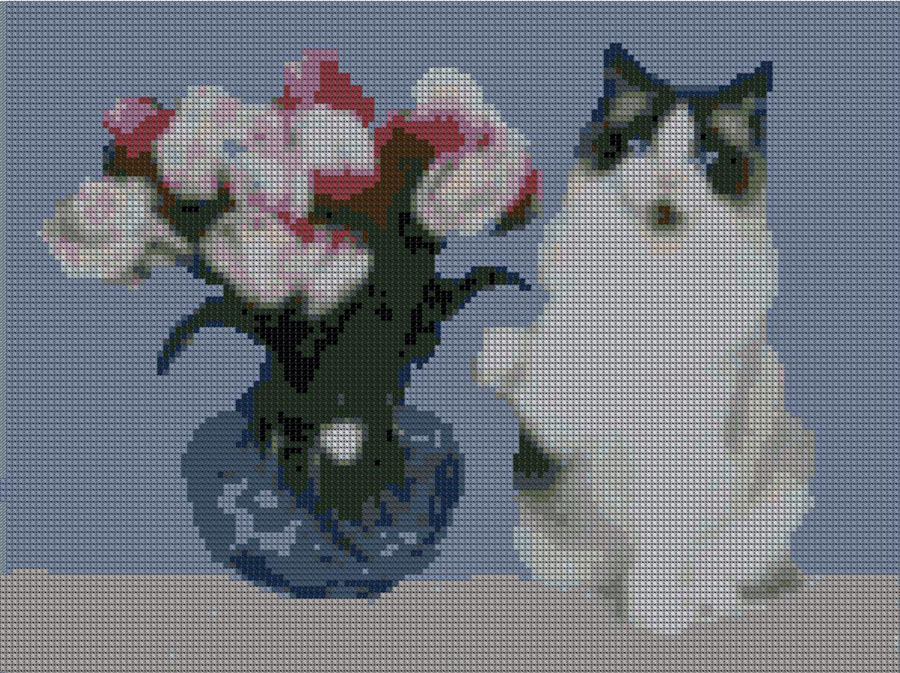 Вышивка Кошка и ваза с цветами